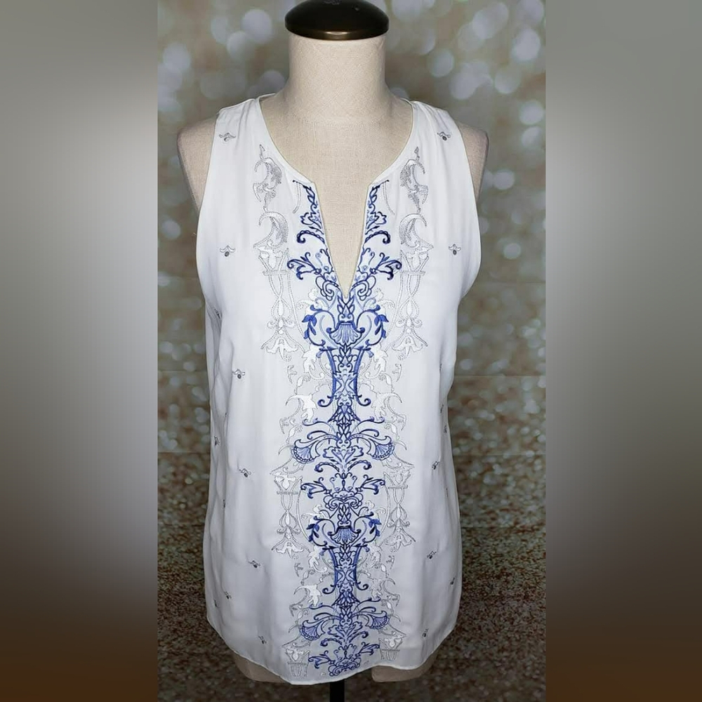 White House Black Market Blue & White Embroidered Blouse
